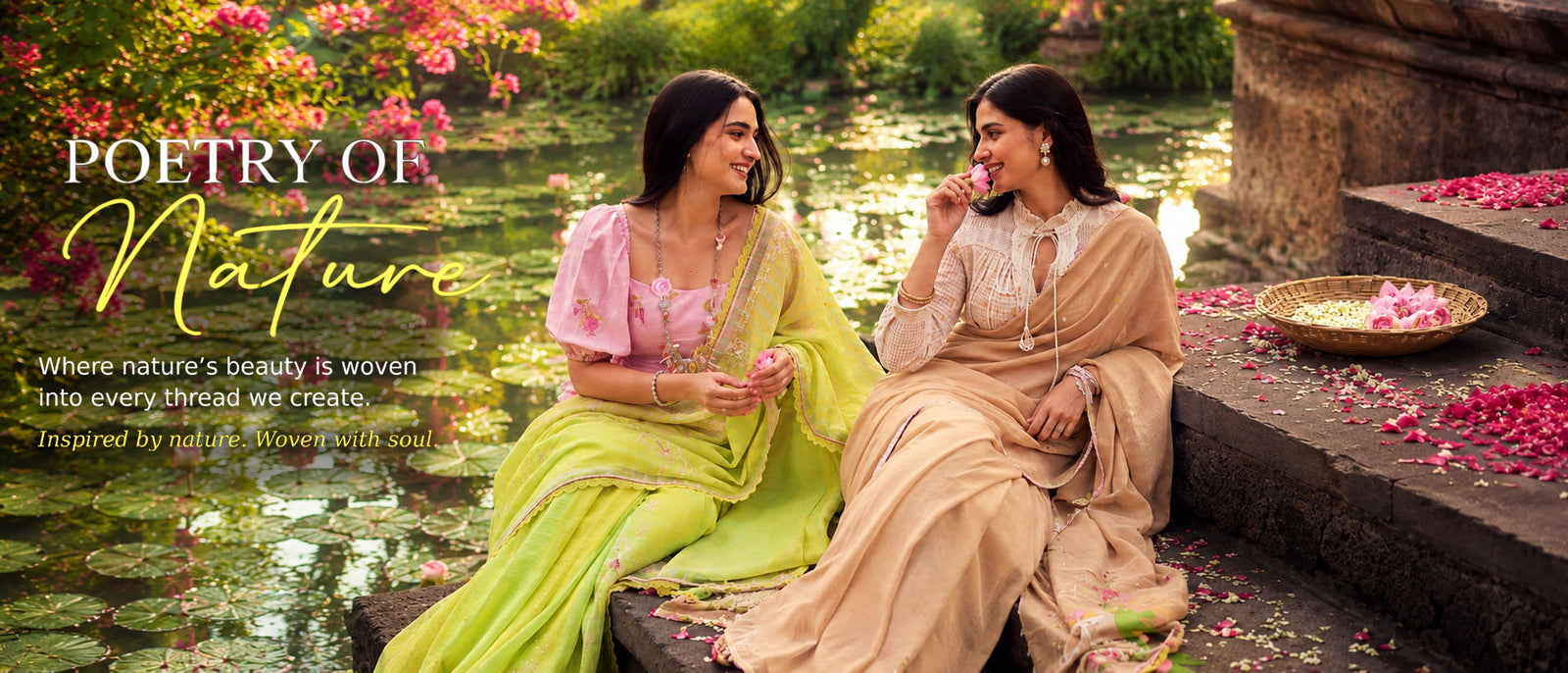 Two women in traditional Indian attire sitting by a pond with flowers. The woman on the left wears a light pink pomegranate print blouse with a bright yellow-green linensaree, while the woman on the right wears a beige top and a beige jamdani saree.
