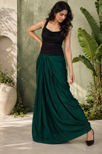 Amelia - Emerald Green Bemberg Satin Draped  Skirt | Fusion Bottom Wear
