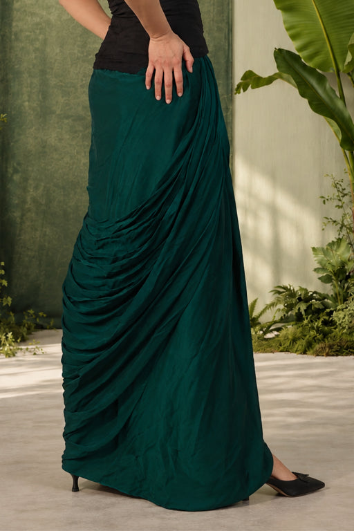 Amelia - Emerald Green Bemberg Satin Draped  Skirt | Fusion Bottom Wear