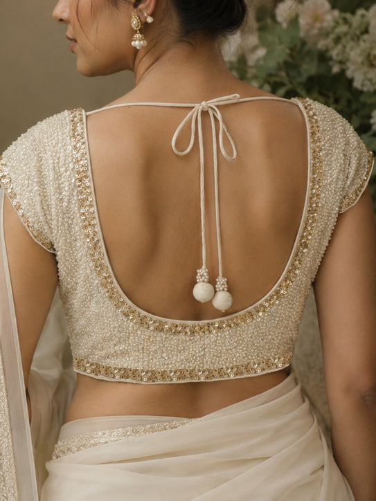 Avena– Off-White & Gold Hand-Embroidered Pearl Saree Blouse