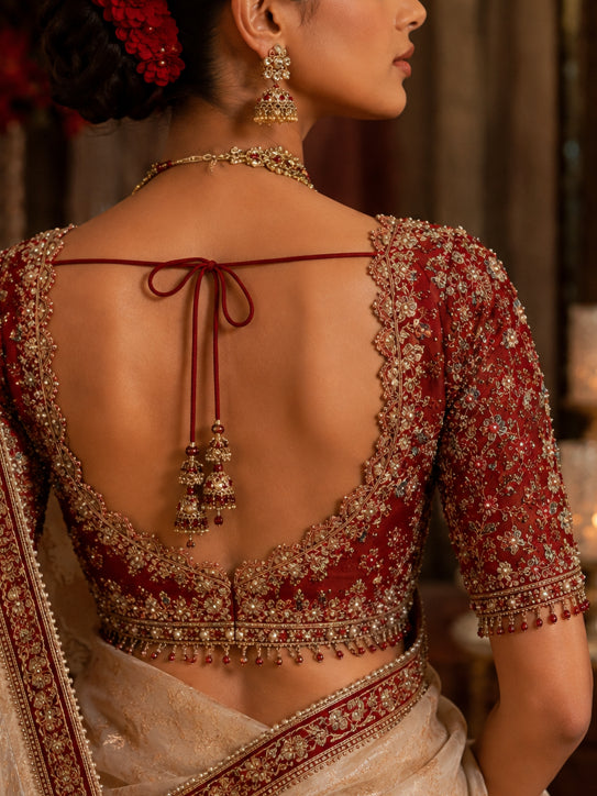 Belladonna – Crimson Red silk velvet with zardozi hand embroidered bridal Blouse
