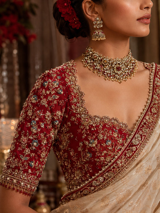 Belladonna – Crimson Red silk velvet with zardozi hand embroidered bridal Blouse