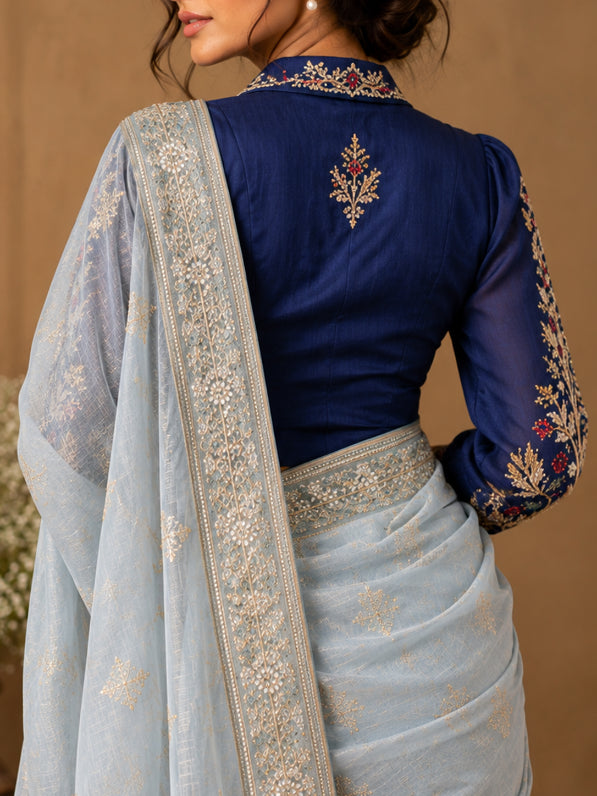 Sapphire -Royal Blue Shirt Collar  Saree Blouse with Hand Embroidery