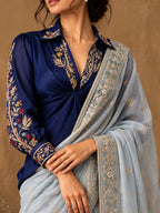 Sapphire -Royal Blue Shirt Collar  Saree Blouse with Hand Embroidery