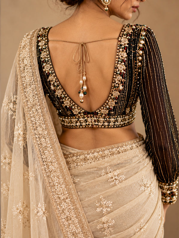Twilight- Black  Georgette Heavy Hand-Embroidered Saree Blouse