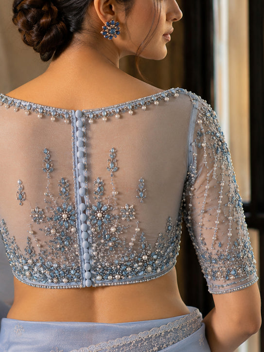 Caelia– Powder Blue hand embroidered sheer organza embellished Blouse