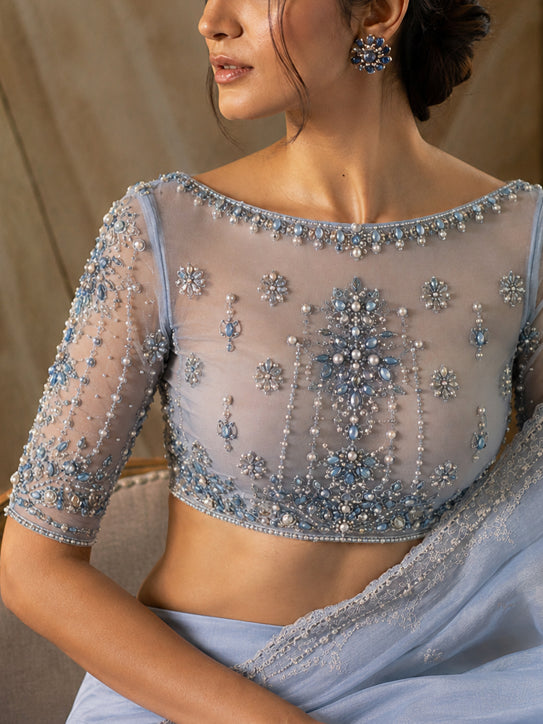 Caelia– Powder Blue hand embroidered sheer organza embellished Blouse
