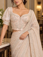 Chandrika – silver  Tissue Organza Corset Saree Blouse with Pearl & silver metallic thread and Hand Embroidery