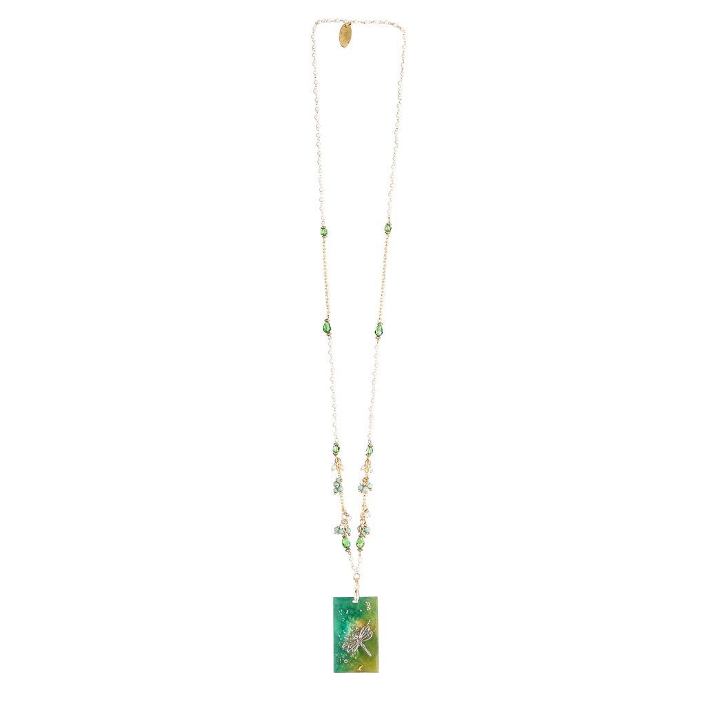 Dragonfly Resin Rectangle Pendant Necklace | Emerald Green Glass Seed Pearl Beaded Jewelry | Artisanal Nature-Inspired Green Statement Accessory