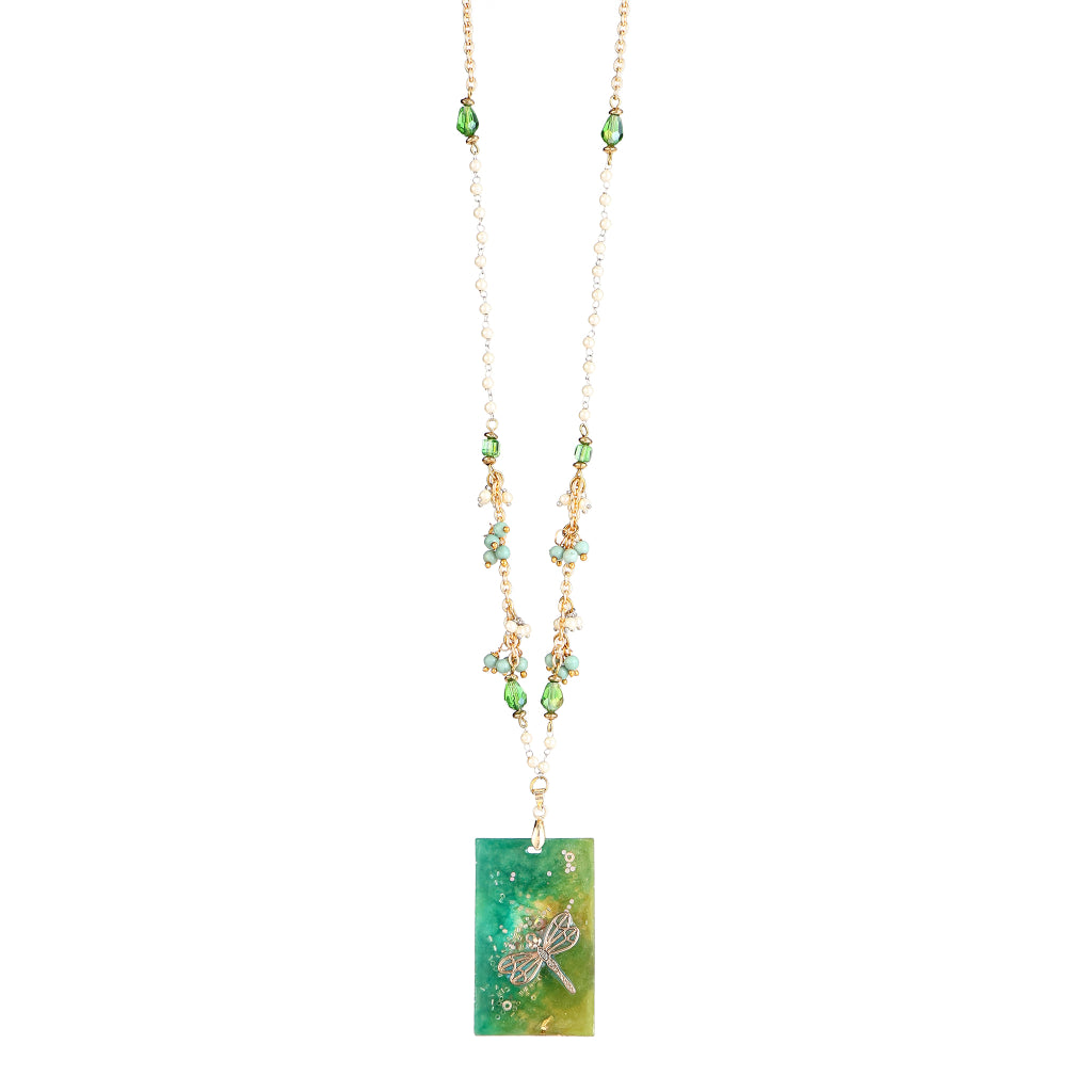 Dragonfly Resin Rectangle Pendant Necklace | Emerald Green Glass Seed Pearl Beaded Jewelry | Artisanal Nature-Inspired Green Statement Accessory