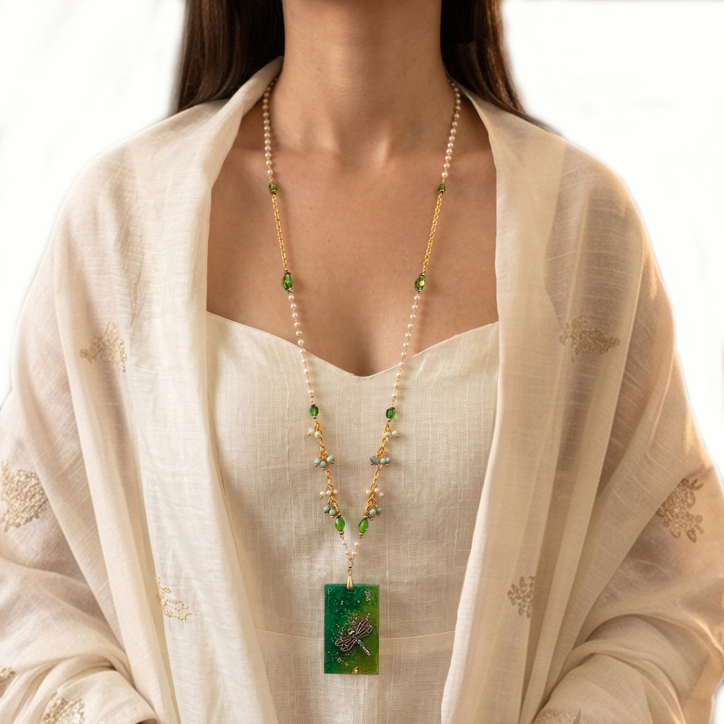 Dragonfly Resin Rectangle Pendant Necklace | Emerald Green Glass Seed Pearl Beaded Jewelry | Artisanal Nature-Inspired Green Statement Accessory