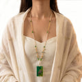 Dragonfly Resin Rectangle Pendant Necklace | Emerald Green Glass Seed Pearl Beaded Jewelry | Artisanal Nature-Inspired Green Statement Accessory