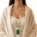 Dragonfly Resin Rectangle Pendant Necklace | Emerald Green Glass Seed Pearl Beaded Jewelry | Artisanal Nature-Inspired Green Statement Accessory