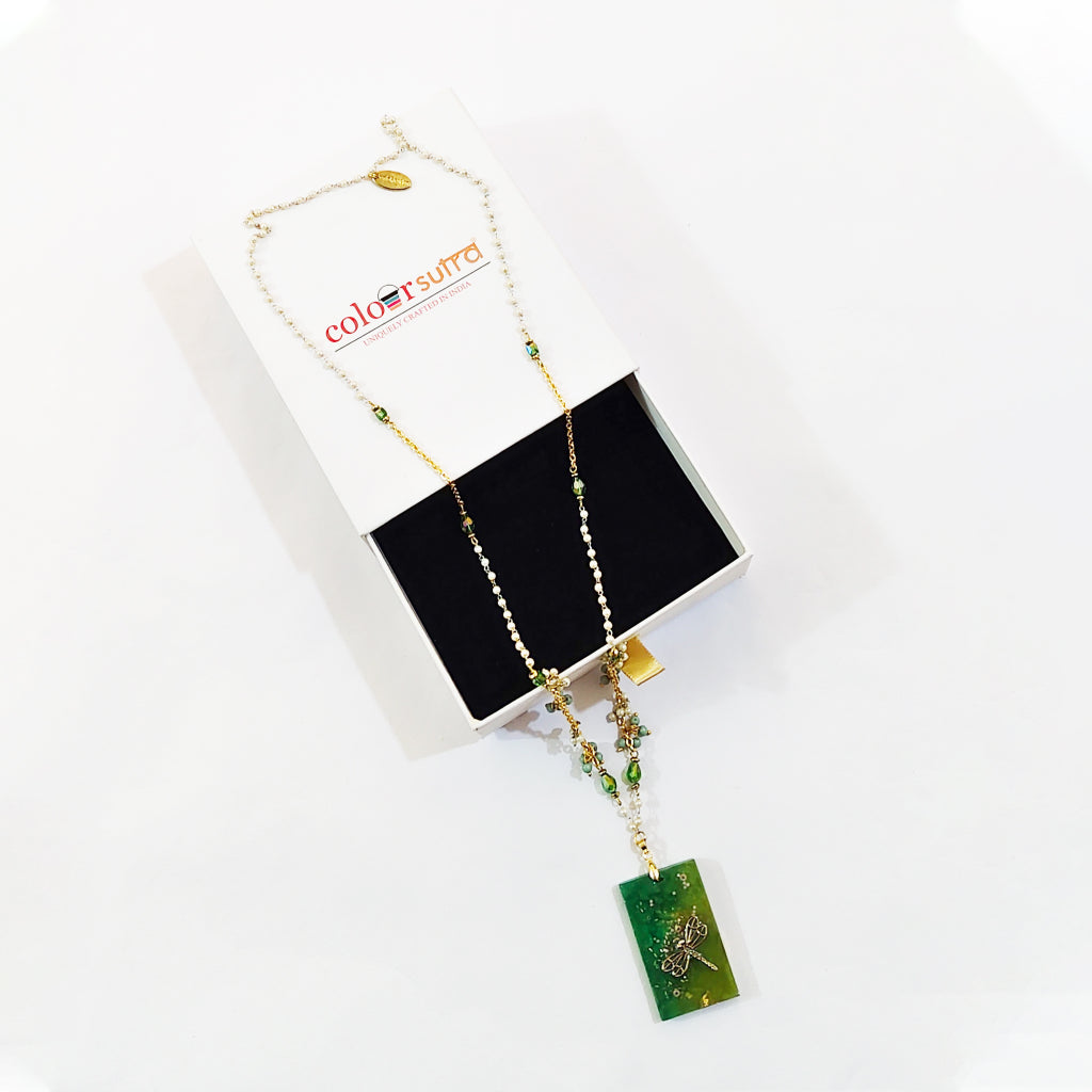 Dragonfly Resin Rectangle Pendant Necklace | Emerald Green Glass Seed Pearl Beaded Jewelry | Artisanal Nature-Inspired Green Statement Accessory