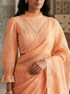 Elan -  Peach Apricot Handcrafted Chanderi Silk Saree Blouse