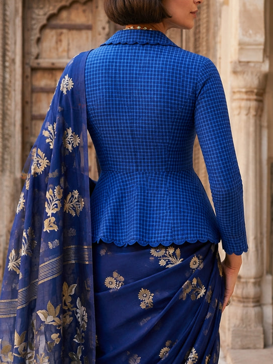 Engadin – Royal Blue Cotton yarn dyed Checks Peplum  Blouse