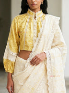 Freya – Yellow Floral Printed Linen Satin High-Neck Saree Blouse