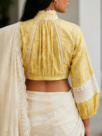 Freya – Yellow Floral Printed Linen Satin High-Neck Saree Blouse
