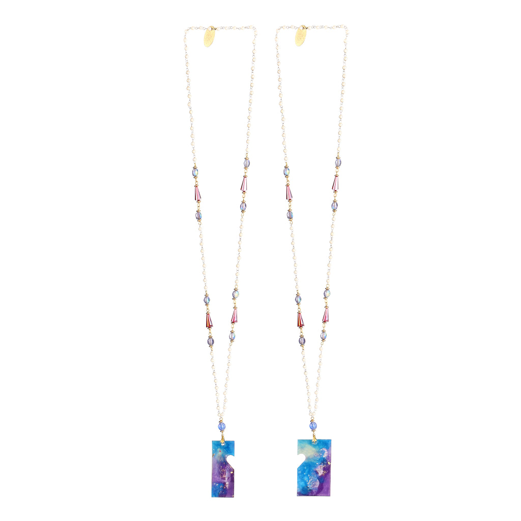 Galaxy Purple &amp; Blue Resin Puzzle Pendant Necklace | Lavender Crystal &amp; Magenta Glass Beaded Jewelry | Artisanal Celestial Statement Accessory