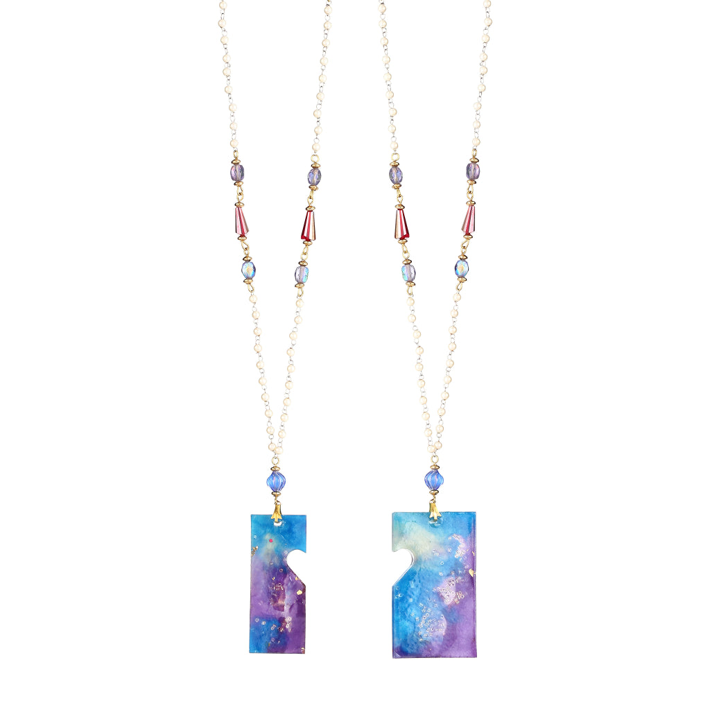 Galaxy Purple &amp; Blue Resin Puzzle Pendant Necklace | Lavender Crystal &amp; Magenta Glass Beaded Jewelry | Artisanal Celestial Statement Accessory