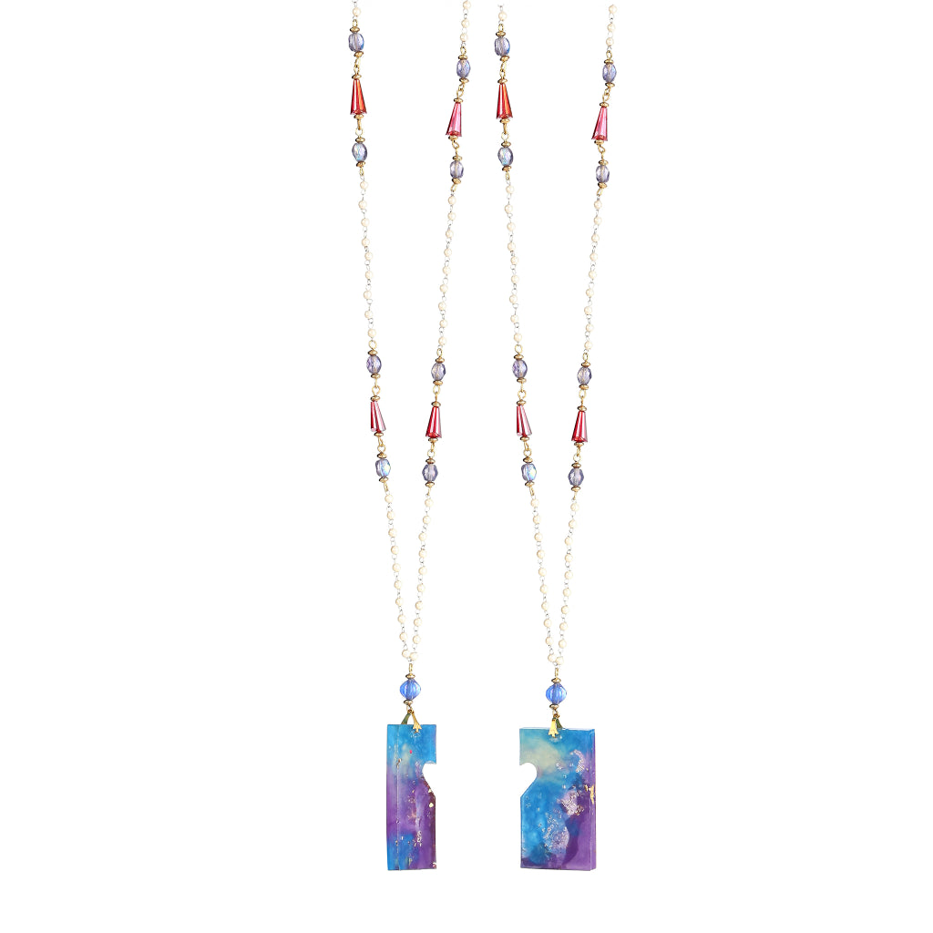 Galaxy Purple &amp; Blue Resin Puzzle Pendant Necklace | Lavender Crystal &amp; Magenta Glass Beaded Jewelry | Artisanal Celestial Statement Accessory