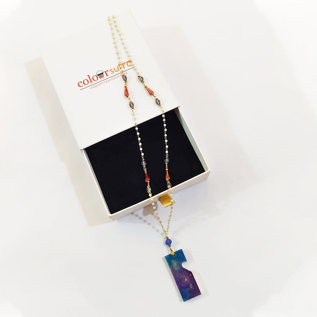 Galaxy Purple &amp; Blue Resin Puzzle Pendant Necklace | Lavender Crystal &amp; Magenta Glass Beaded Jewelry | Artisanal Celestial Statement Accessory