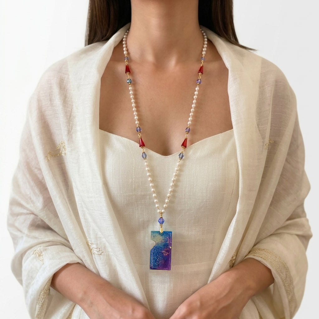 Galaxy Purple &amp; Blue Resin Puzzle Pendant Necklace | Lavender Crystal &amp; Magenta Glass Beaded Jewelry | Artisanal Celestial Statement Accessory