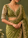 Gulzar- Olive Green Organza Silk Hand-Embroidered Saree Blouse