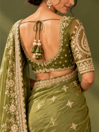 Gulzar- Olive Green Organza Silk Hand-Embroidered Saree Blouse