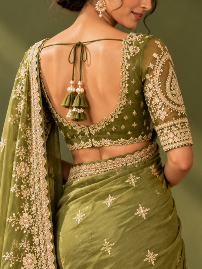 Gulzar- Olive Green Organza Silk Hand-Embroidered Saree Blouse