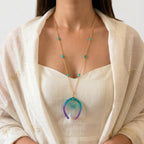Handmade Teal &amp; Purple Ombre Horseshoe Pendant | Tropical Palm Tree Resin Charm | Aquamarine Glass Beaded Jewelry | Artisanal Nature-Inspired Statement Accessory