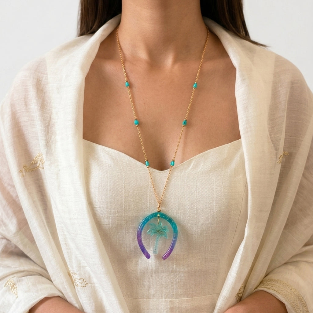 Handmade Teal &amp; Purple Ombre Horseshoe Pendant | Tropical Palm Tree Resin Charm | Aquamarine Glass Beaded Jewelry | Artisanal Nature-Inspired Statement Accessory
