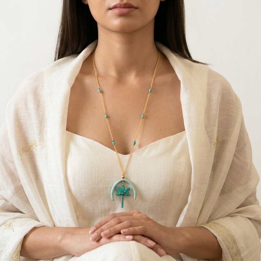 Handmade Teal &amp; Purple Ombre Horseshoe Pendant | Tropical Palm Tree Resin Charm | Aquamarine Glass Beaded Jewelry | Artisanal Nature-Inspired Statement Accessory