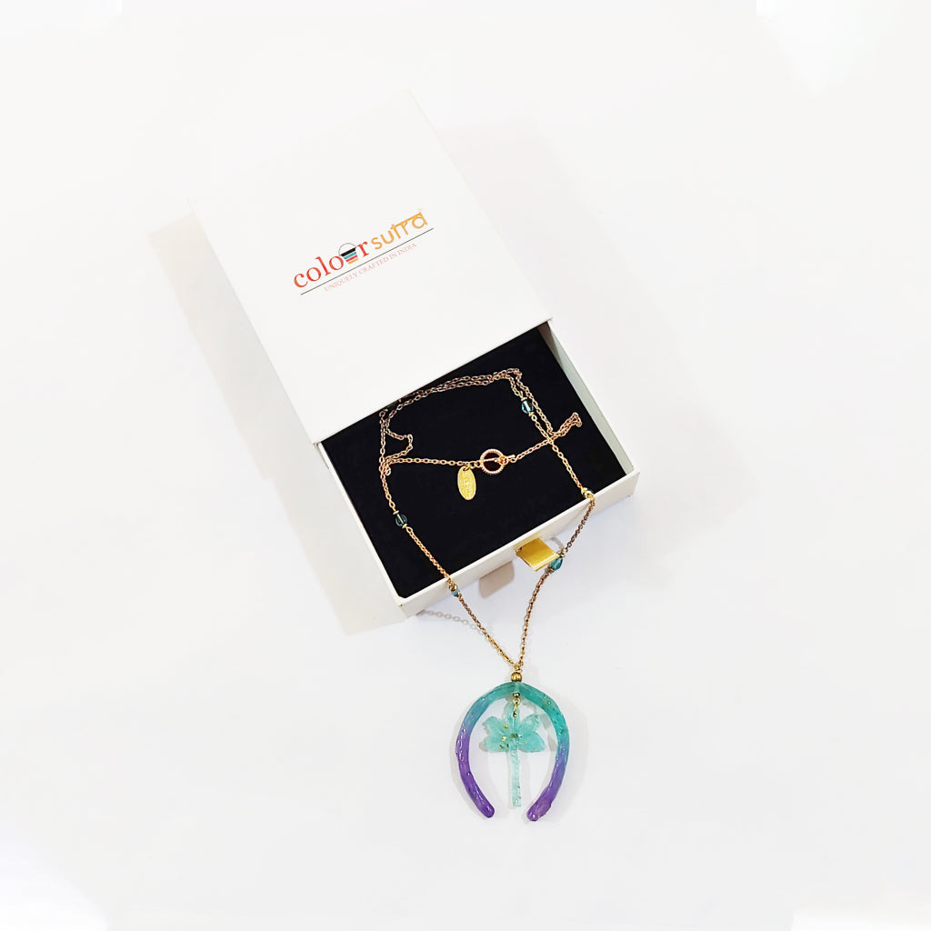 Handmade Teal &amp; Purple Ombre Horseshoe Pendant | Tropical Palm Tree Resin Charm | Aquamarine Glass Beaded Jewelry | Artisanal Nature-Inspired Statement Accessory