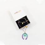 Handmade Teal &amp; Purple Ombre Horseshoe Pendant | Tropical Palm Tree Resin Charm | Aquamarine Glass Beaded Jewelry | Artisanal Nature-Inspired Statement Accessory