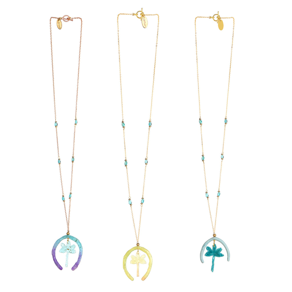 Handmade Teal &amp; Purple Ombre Horseshoe Pendant | Tropical Palm Tree Resin Charm | Aquamarine Glass Beaded Jewelry | Artisanal Nature-Inspired Statement Accessory