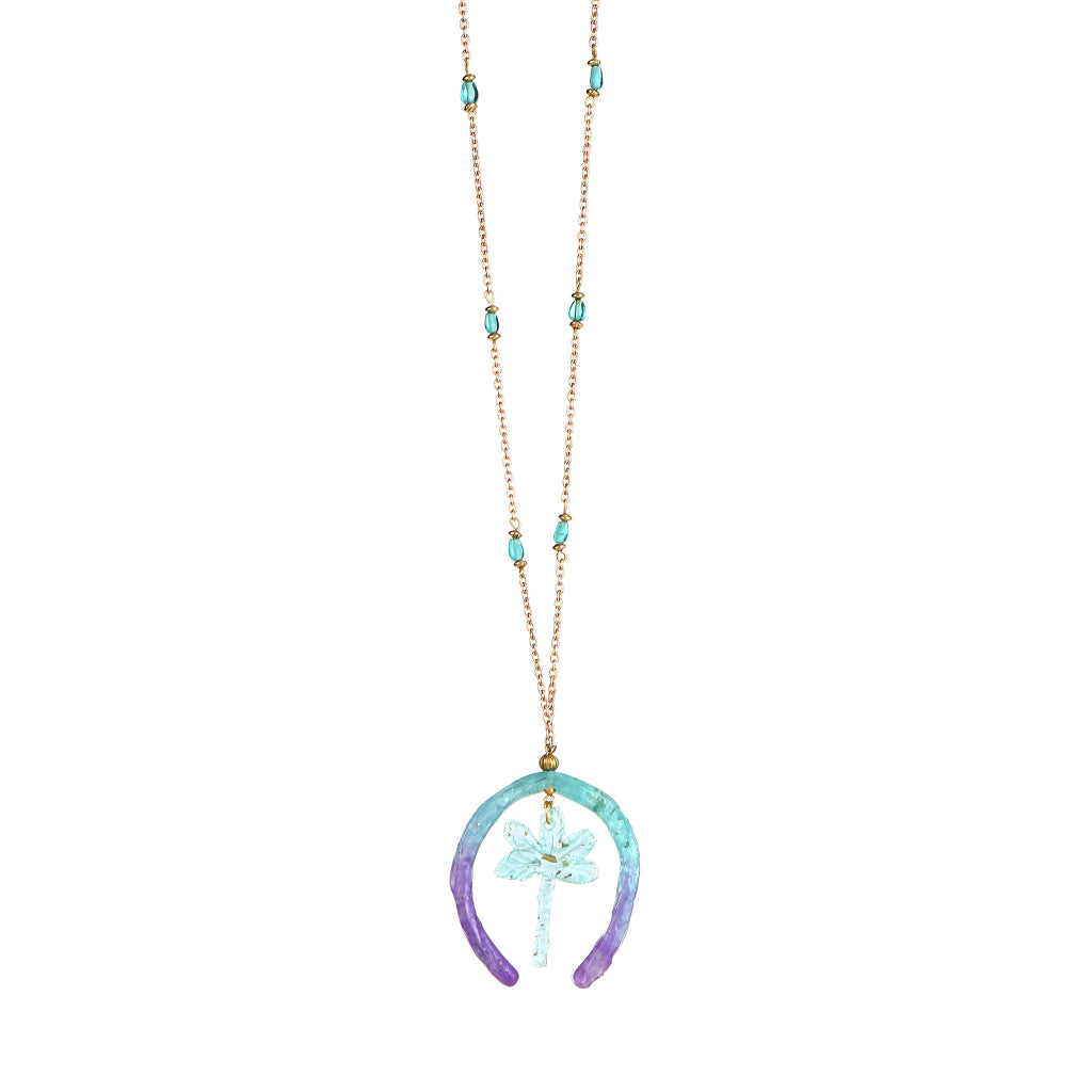 Handmade Teal &amp; Purple Ombre Horseshoe Pendant | Tropical Palm Tree Resin Charm | Aquamarine Glass Beaded Jewelry | Artisanal Nature-Inspired Statement Accessory
