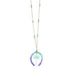 Handmade Teal &amp; Purple Ombre Horseshoe Pendant | Tropical Palm Tree Resin Charm | Aquamarine Glass Beaded Jewelry | Artisanal Nature-Inspired Statement Accessory