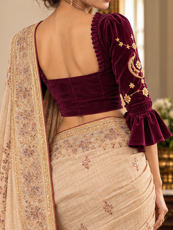 Kamalini  - Deep Wine Velvet Saree Blouse with embroidered sleeve
