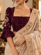 Kamalini  - Deep Wine Velvet Saree Blouse with embroidered sleeve