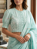 Kaya - Mint Green Cotton  Embroidered Saree Blouse with High Neck