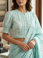 Kaya - Mint Green Cotton  Embroidered Saree Blouse with High Neck