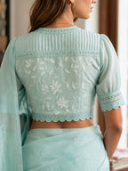 Kaya - Mint Green Cotton  Embroidered Saree Blouse with High Neck