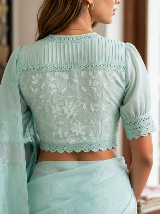 Kaya - Mint Green Cotton  Embroidered Saree Blouse with High Neck