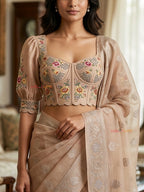 Lucrezia – Beige linen satin Corset Blouse with Floral Embroidery
