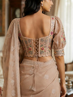 Lucrezia – Beige linen satin Corset Blouse with Floral Embroidery