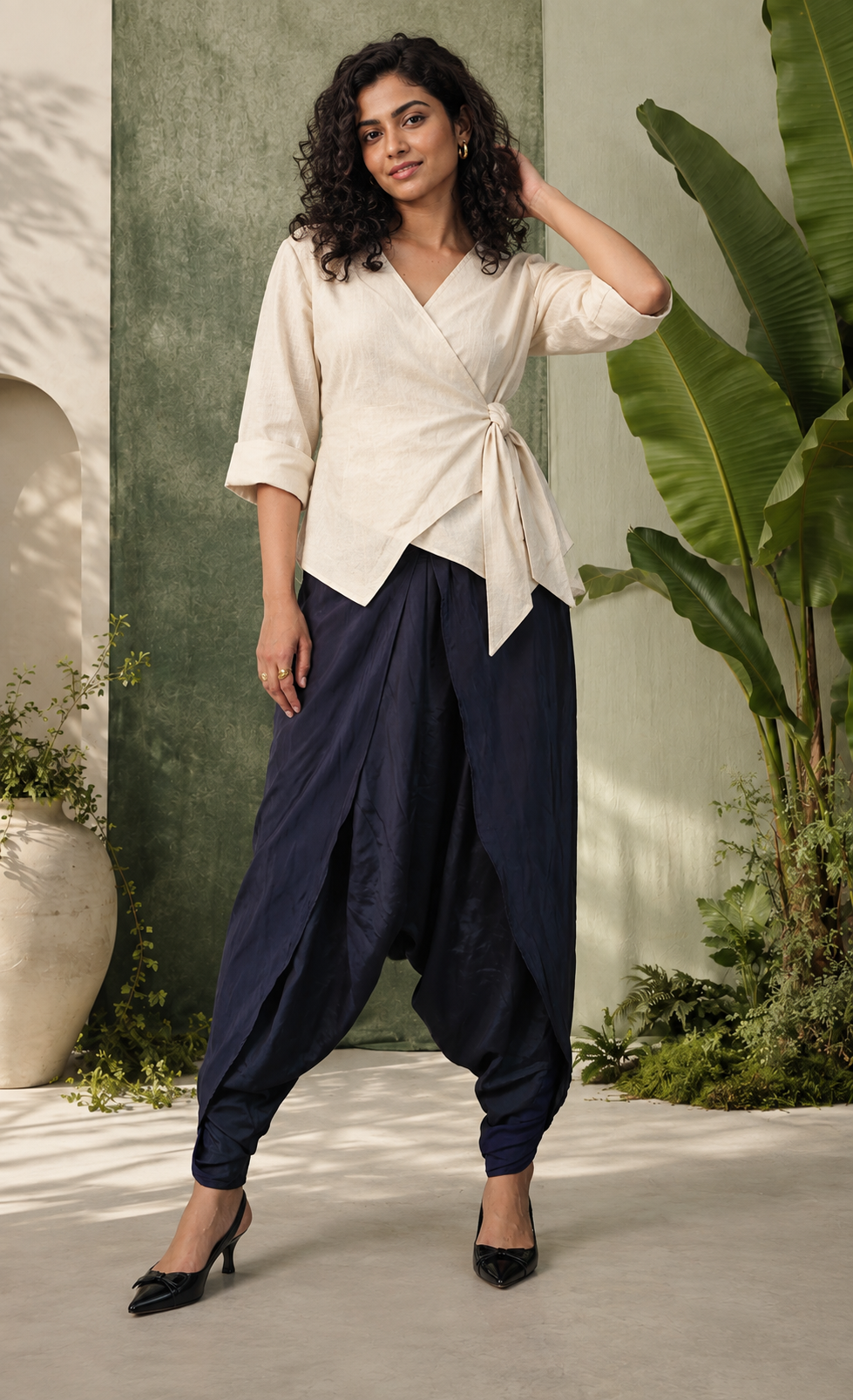 Luna - Women's Navy Blue Crepe Overlap Dhoti Pants – Asymmetric Tulip Hem Harem Trousers | Fusion Bottom wear