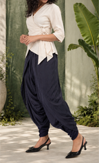 Luna - Women's Navy Blue Crepe Overlap Dhoti Pants – Asymmetric Tulip Hem Harem Trousers | Fusion Bottom wear