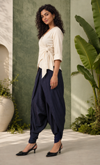 Luna - Women's Navy Blue Crepe Overlap Dhoti Pants – Asymmetric Tulip Hem Harem Trousers | Fusion Bottom wear