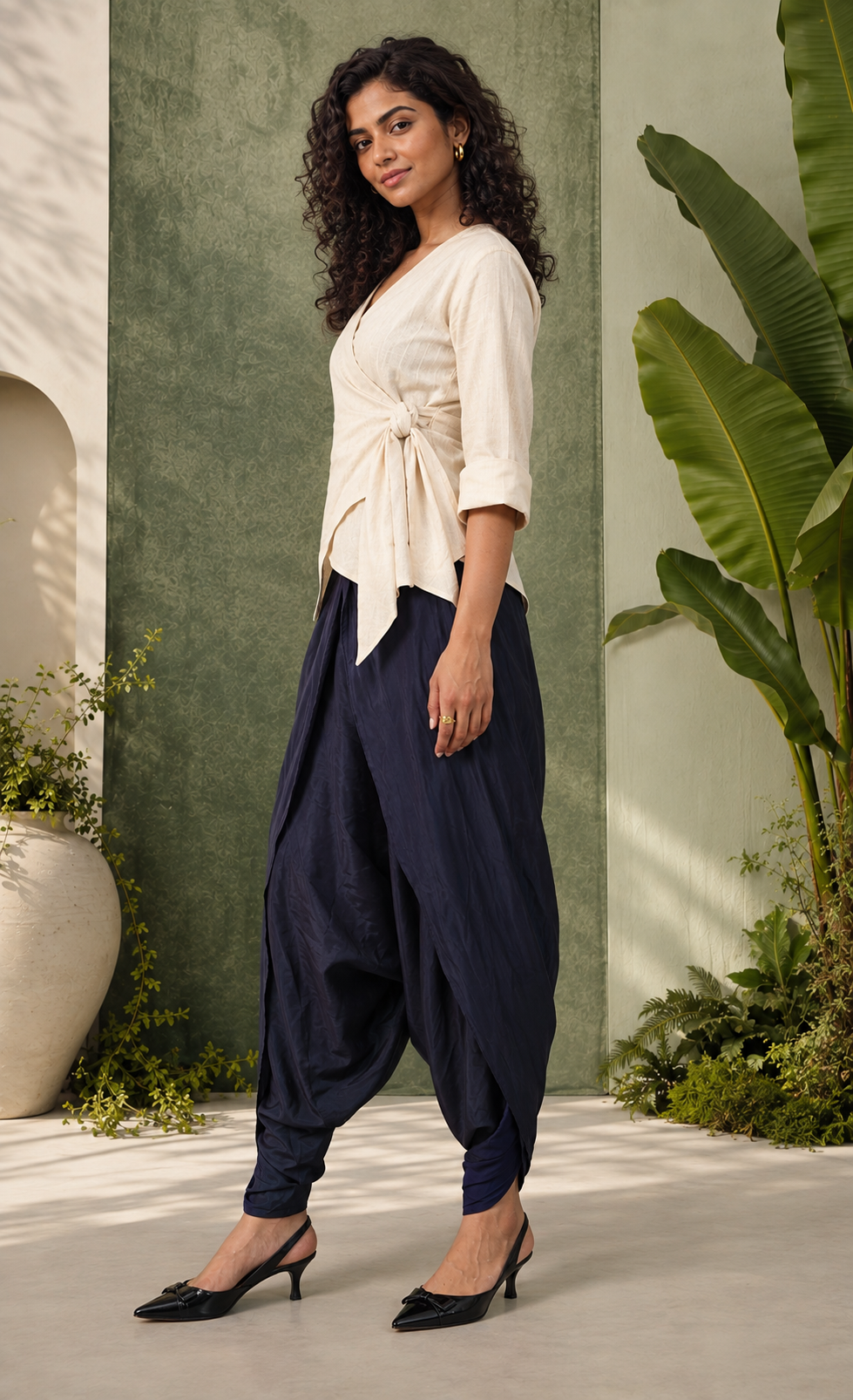 Luna - Women's Navy Blue Crepe Overlap Dhoti Pants – Asymmetric Tulip Hem Harem Trousers | Fusion Bottom wear